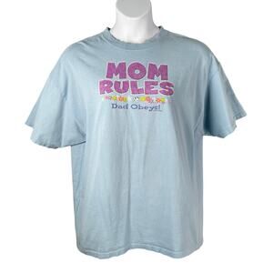 Big Dogs T-shirt Women XXL Light Blue Mom Rules Dad Obeys Floral Glitter Graphic
